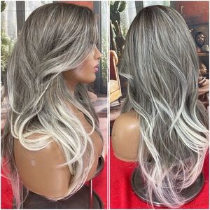 center lace grey white mixed layered wig